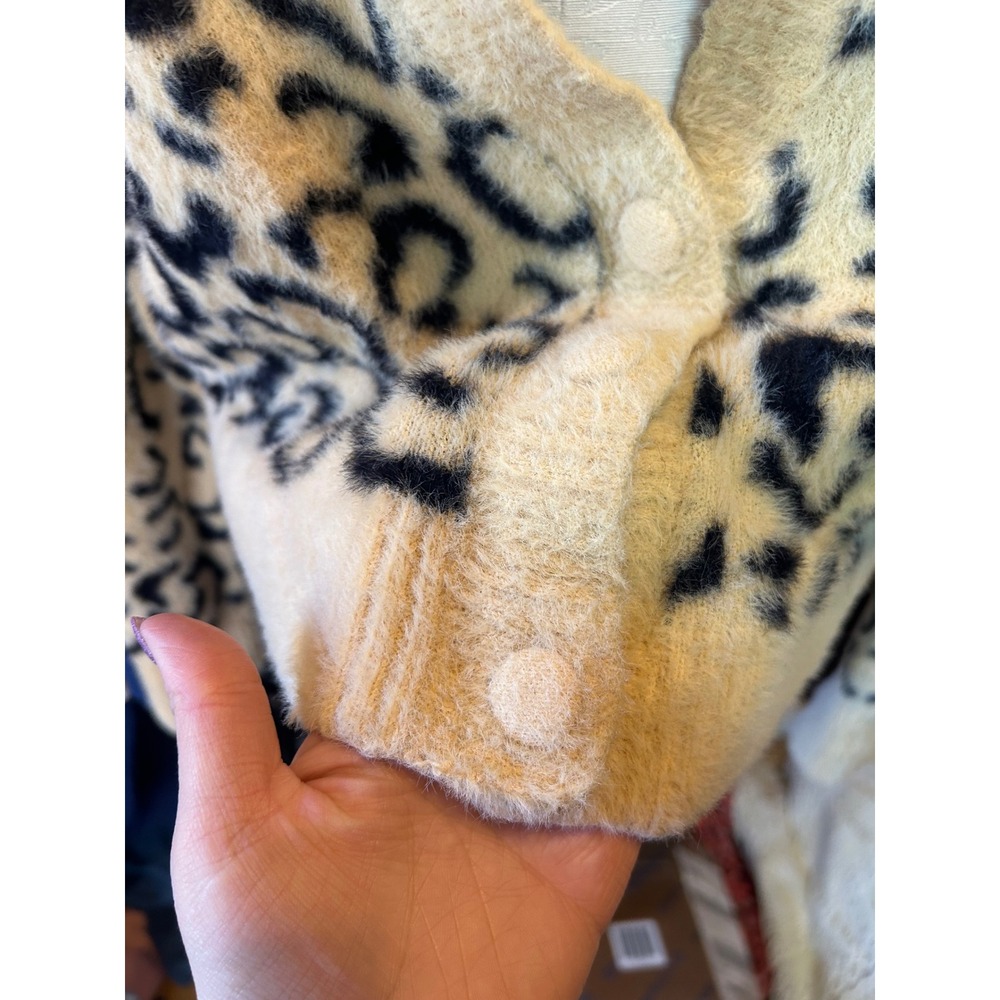 For Love & Lemons Leopard Print Fuzzy Cardigan Sweater Yellow Black Defect XL - Picture 5 of 11